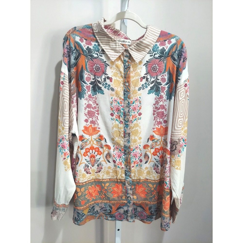 Natural Life Womens XL Floral Mixed Print Cotton Button Down Shirt Long Sleeve
